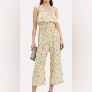 Intermix Eliza Floral Yellow Print Smocked Silk Croped Jumpsuit